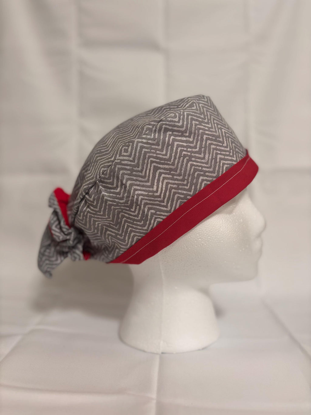 Grey Chevron & Red Long Hair Scrub Cap with Scrunchie | Scrub Caps