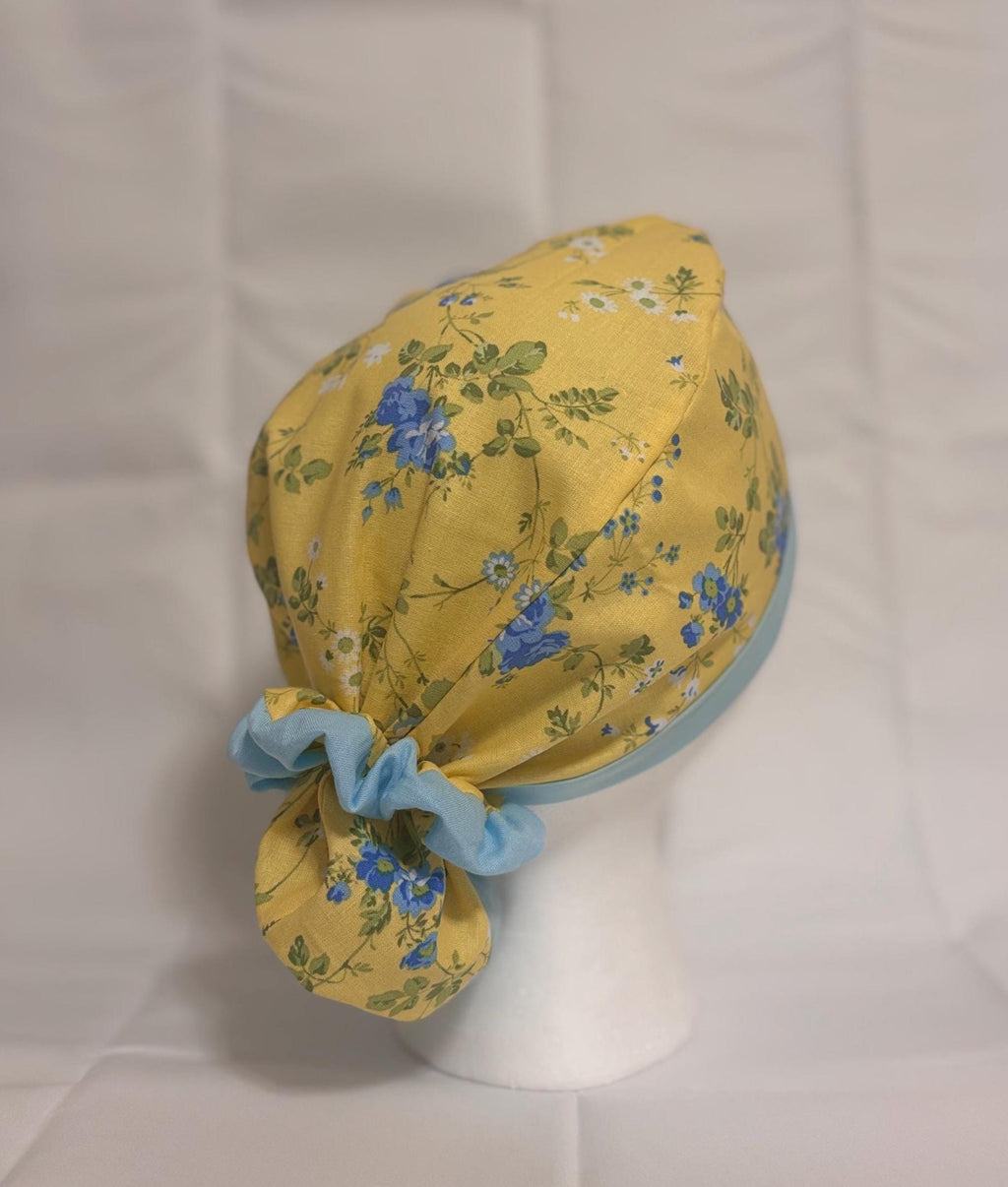 Blue & Yellow Floral Long Hair Scrub Cap with Scrunchie | Scrub Caps