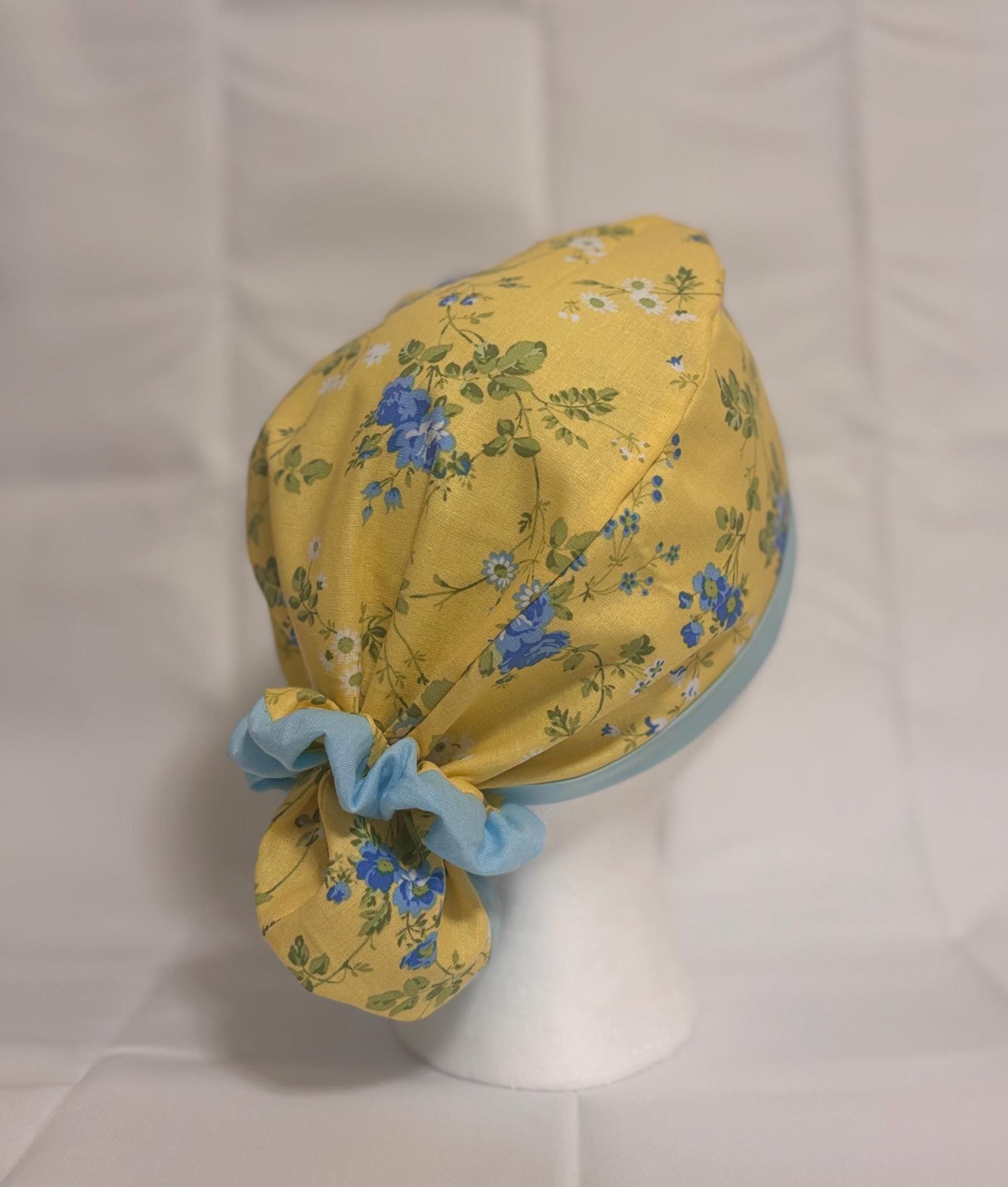 Blue & Yellow Floral Long Hair Scrub Cap with Scrunchie | Scrub Caps
