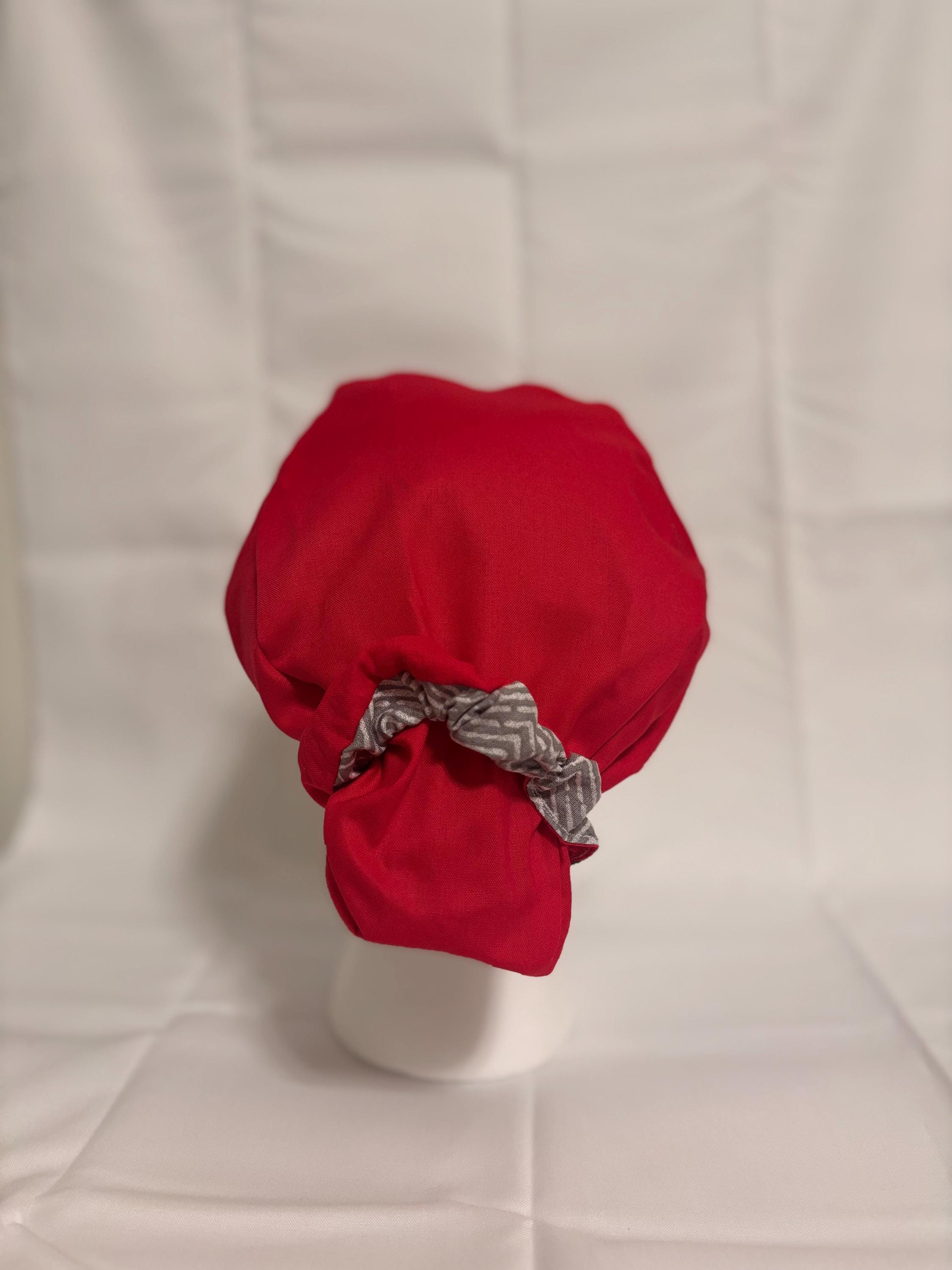 Grey Chevron & Red Long Hair Scrub Cap with Scrunchie | Scrub Caps
