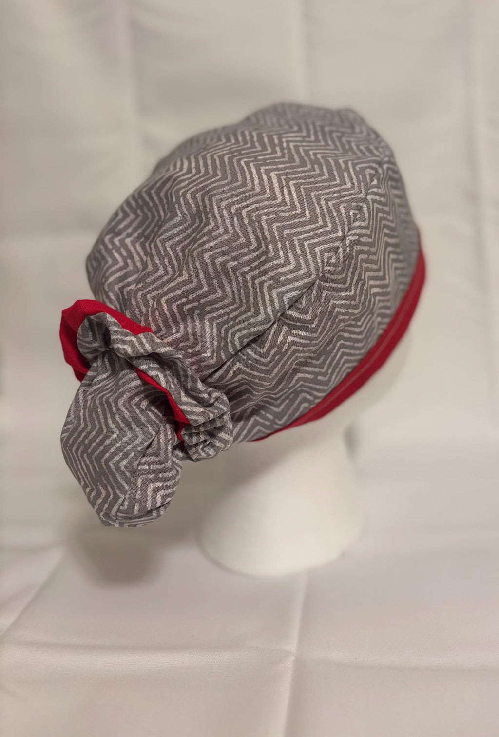 Grey Chevron & Red Long Hair Scrub Cap with Scrunchie | Scrub Caps