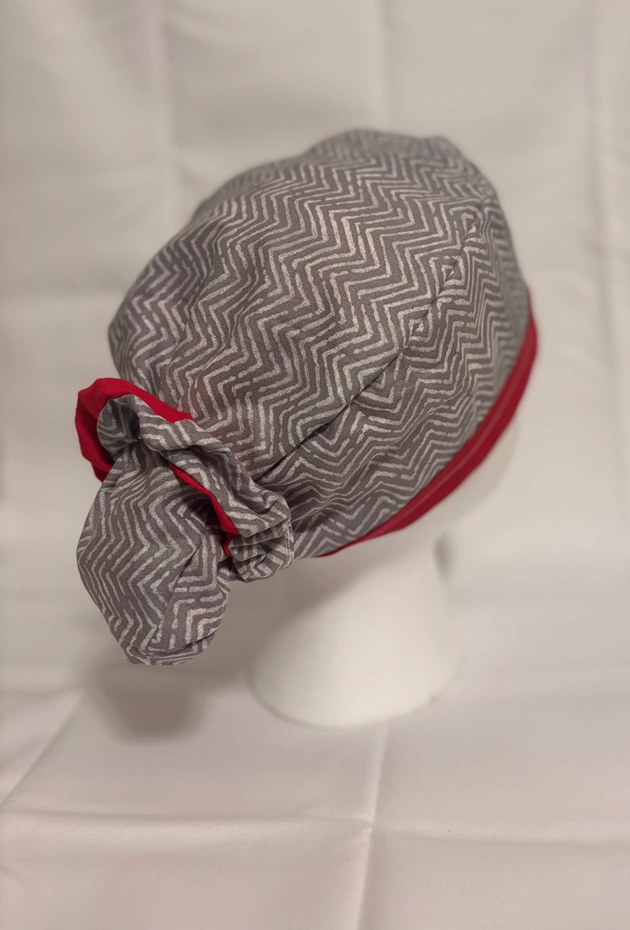 Grey Chevron & Red Long Hair Scrub Cap with Scrunchie | Scrub Caps