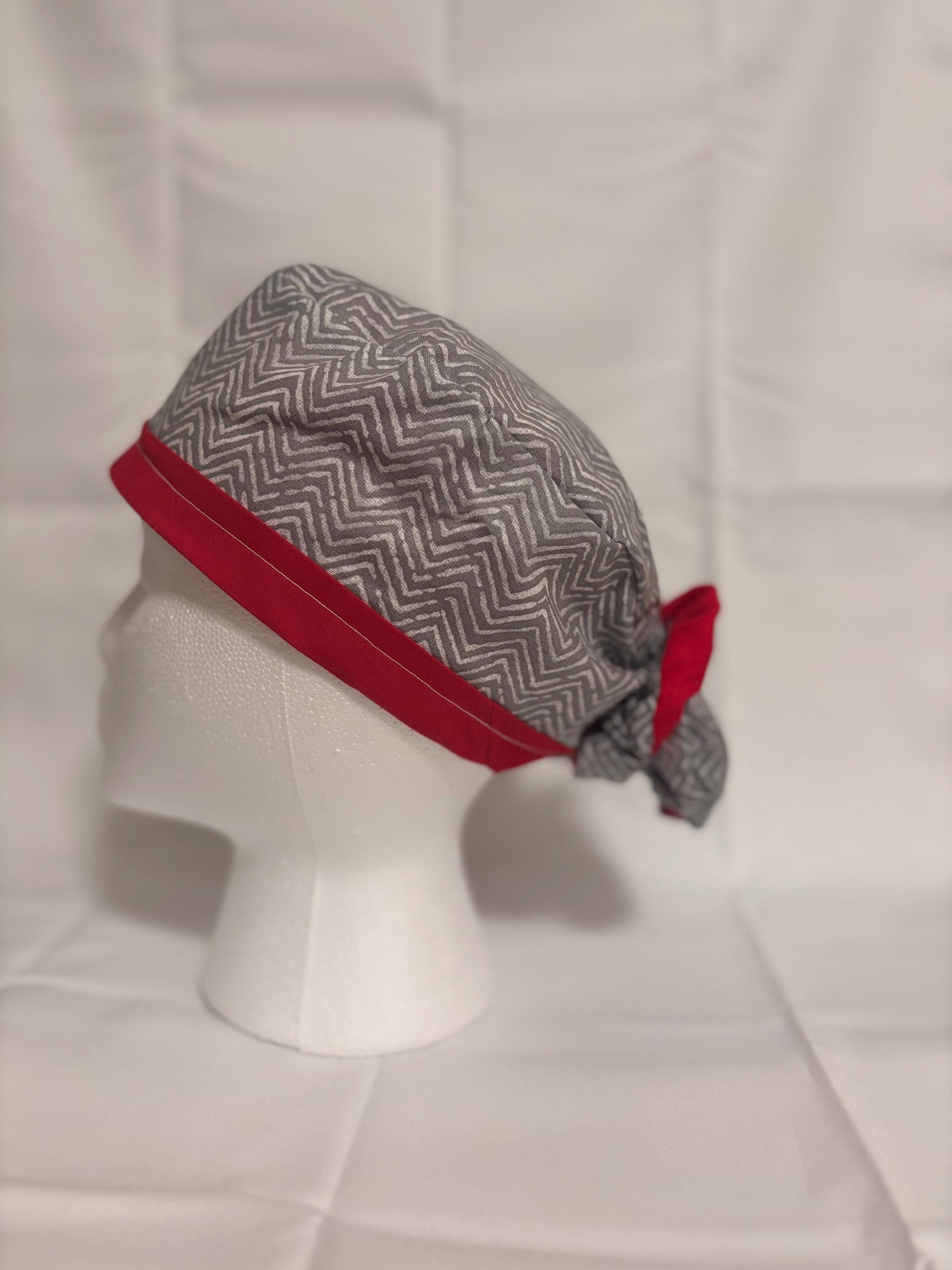 Grey Chevron & Red Long Hair Scrub Cap with Scrunchie | Scrub Caps
