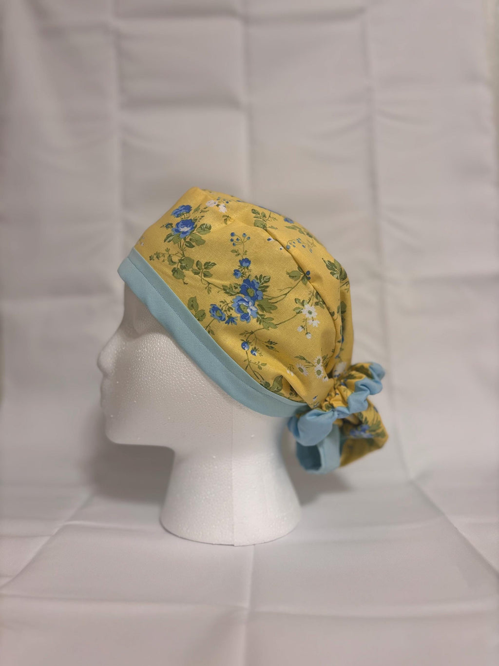 Blue & Yellow Floral Long Hair Scrub Cap with Scrunchie | Scrub Caps