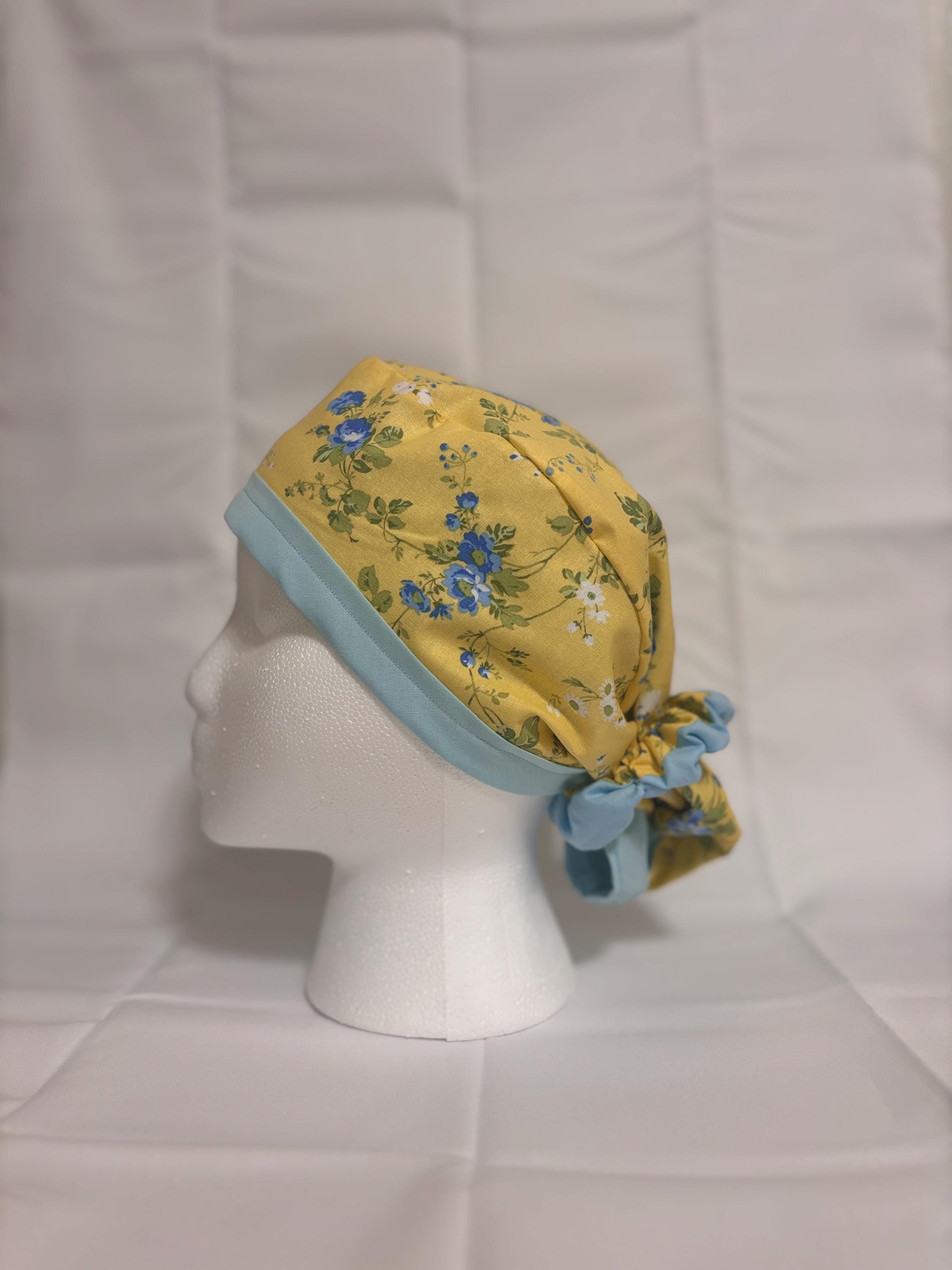 Blue & Yellow Floral Long Hair Scrub Cap with Scrunchie | Scrub Caps