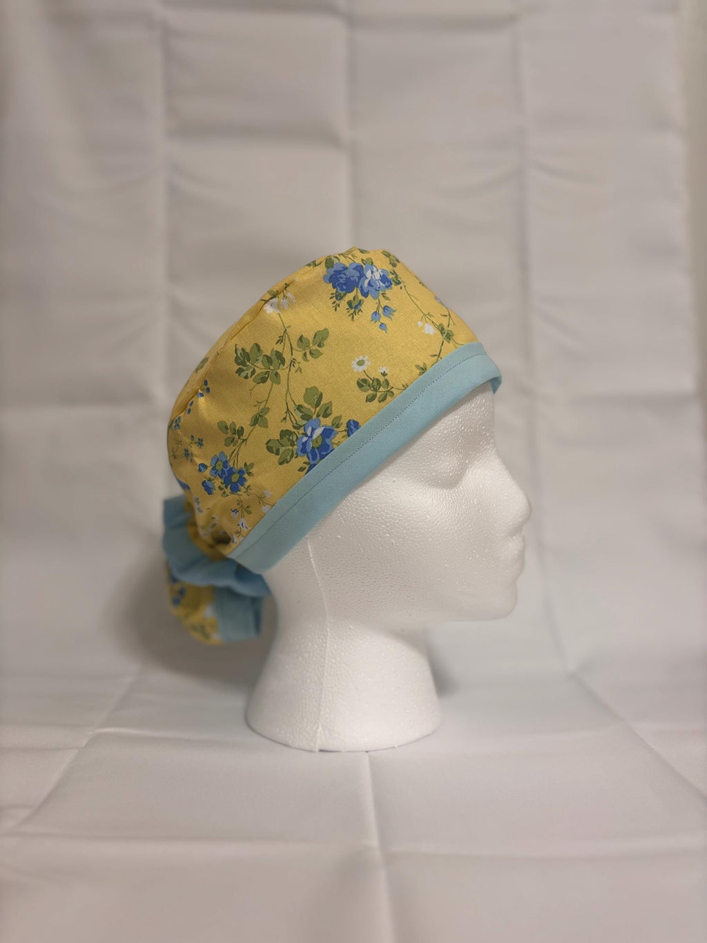 Blue & Yellow Floral Long Hair Scrub Cap with Scrunchie | Scrub Caps