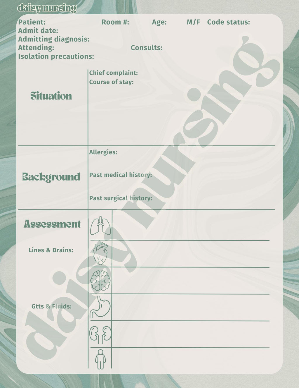 Green Marble Report Sheet | Nursing Report Sheet Templates