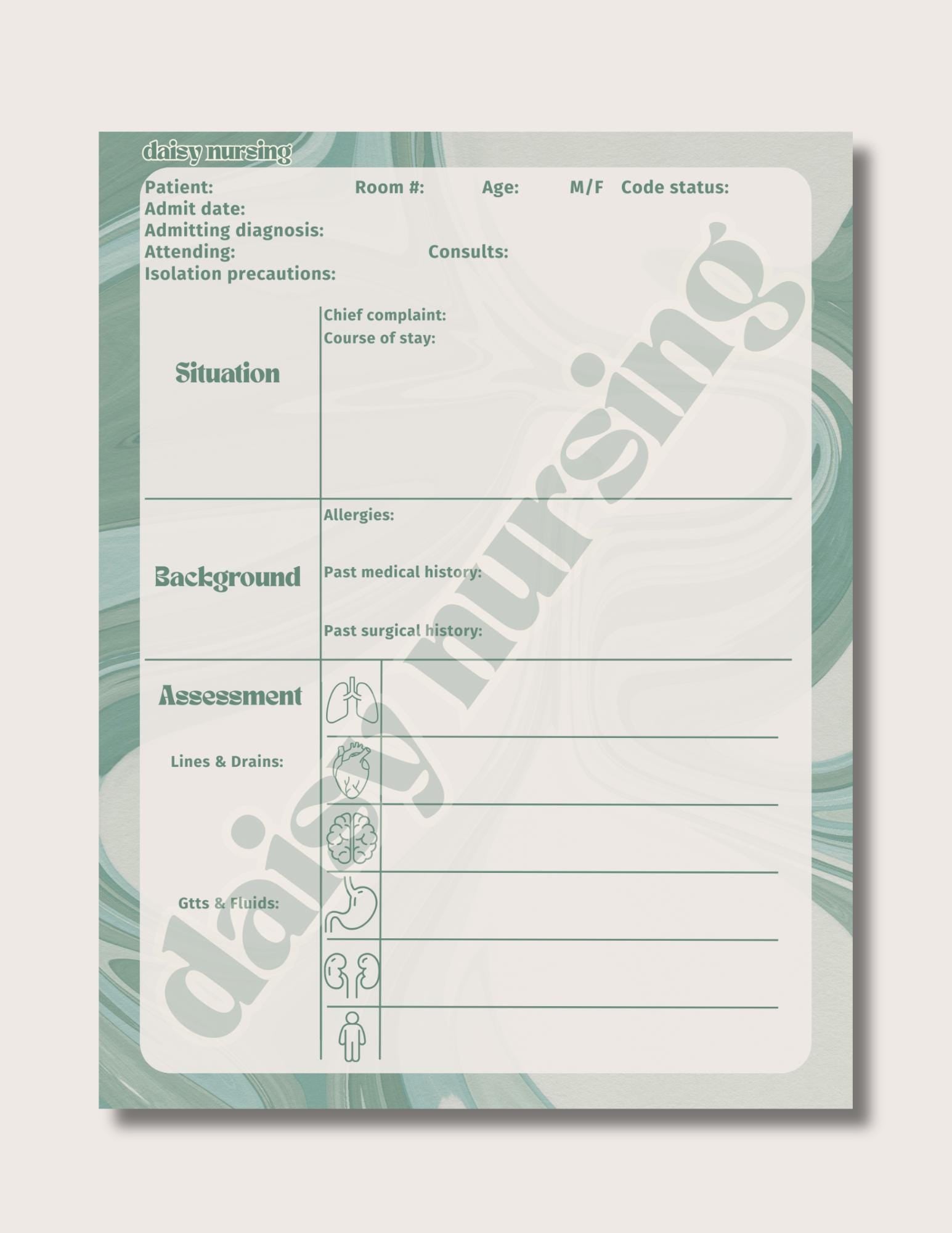 Green Marble Report Sheet | Nursing Report Sheet Templates