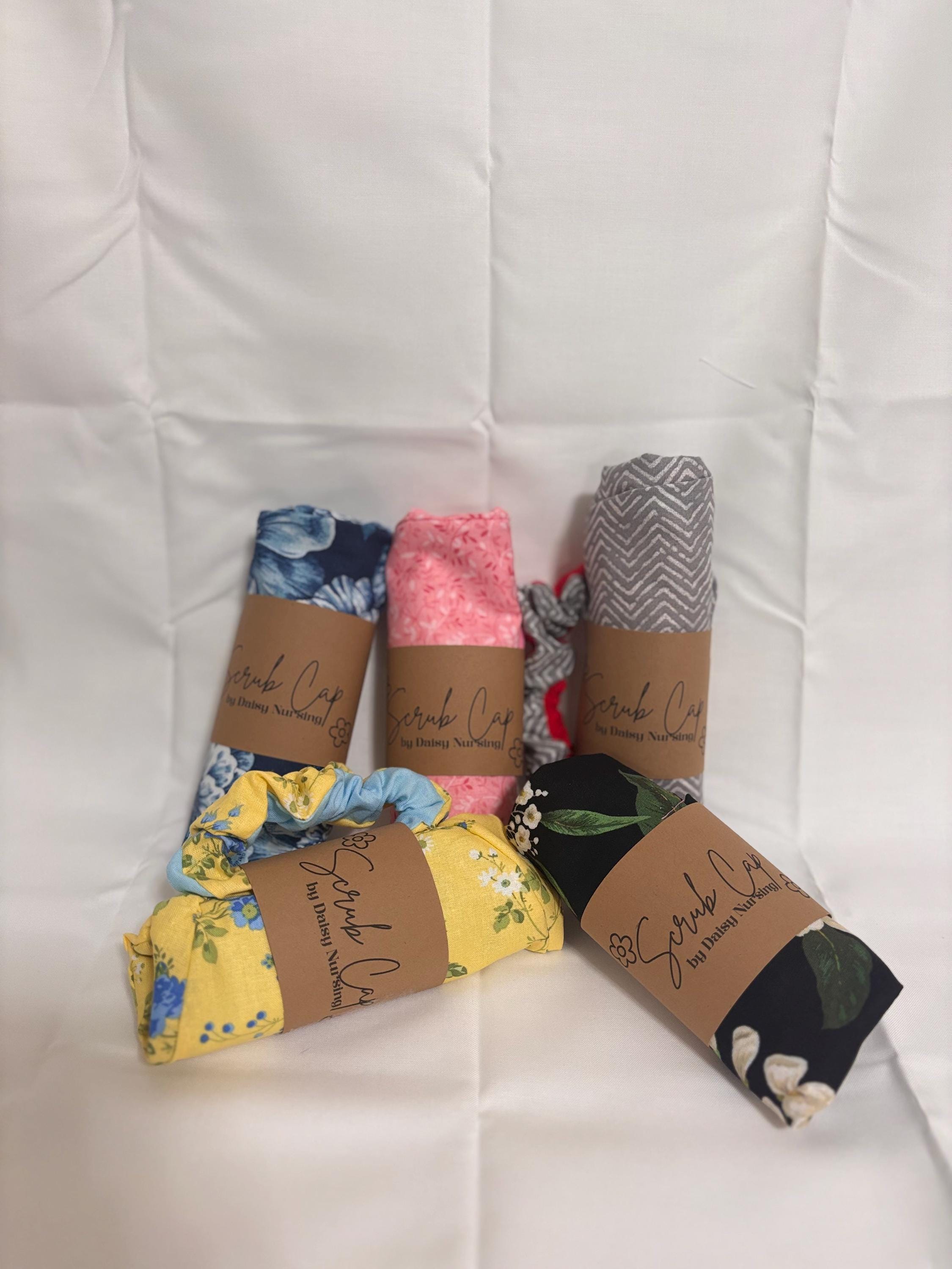 Blue & Yellow Floral Long Hair Scrub Cap with Scrunchie | Scrub Caps